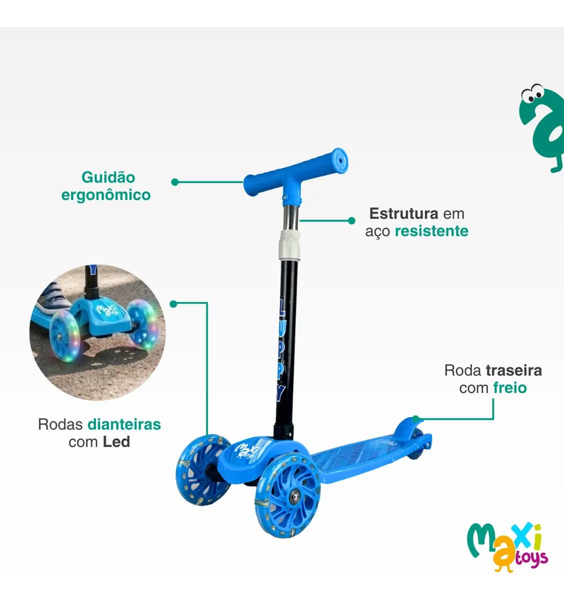 Patinete Infantil 3 Rodas Led Dobrável Luppy Azul Maxi Toys - Imagem 3