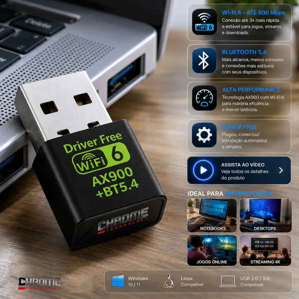 Adaptador Usb Wifi 6 Bluetooth 5.4 Alta Velocidade Placa Wi-fi Blueetoth Adaptador Wi-fi Pc Placa Wifi Pc notebook etc Adaptado Wireless Sem Fio Receptor Internet Marca Chrome Technology
