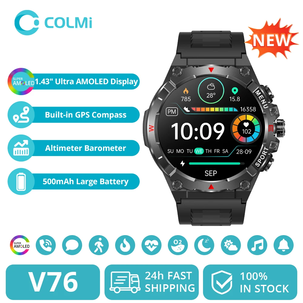2025 colmi v76 gps smartwatch 1.43 "tela ultra amoled bússola embutida altímetro bluetooth chamada relógio inteligente 500mah bateria
