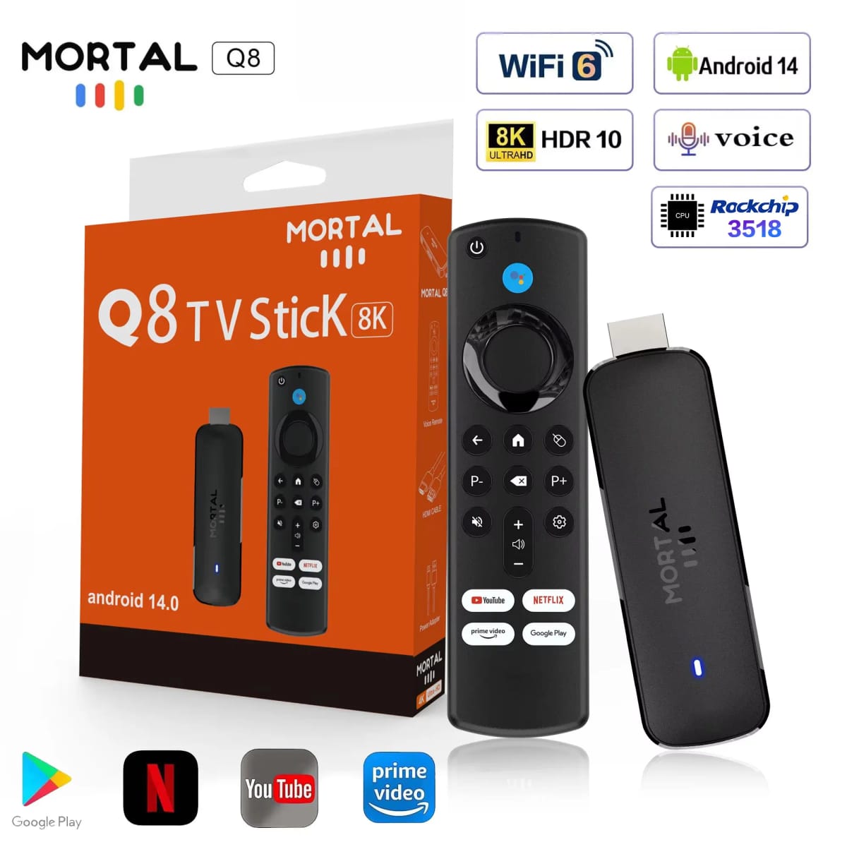 Mortal Q8 Android 14 TV Stick WIFI6 Controlo de Voz TV Stick Vídeo 8K RK3518 Netflix YouTube TV Box Transmissão de TV ao vivo grátis