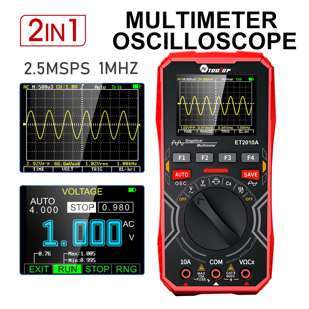 Tooltop et2010a 2 em 1 osciloscópio digital multímetro 1mhz 2.5msps osciloscópio de laboratório osciloscópio de reparo elétrico