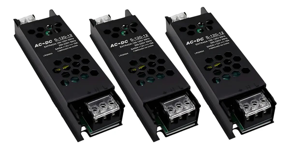 Kit 3 Fonte Chaveada Slim 12v 10a 120w P/ Cftv Fita Led Som Preta LUZTUDO