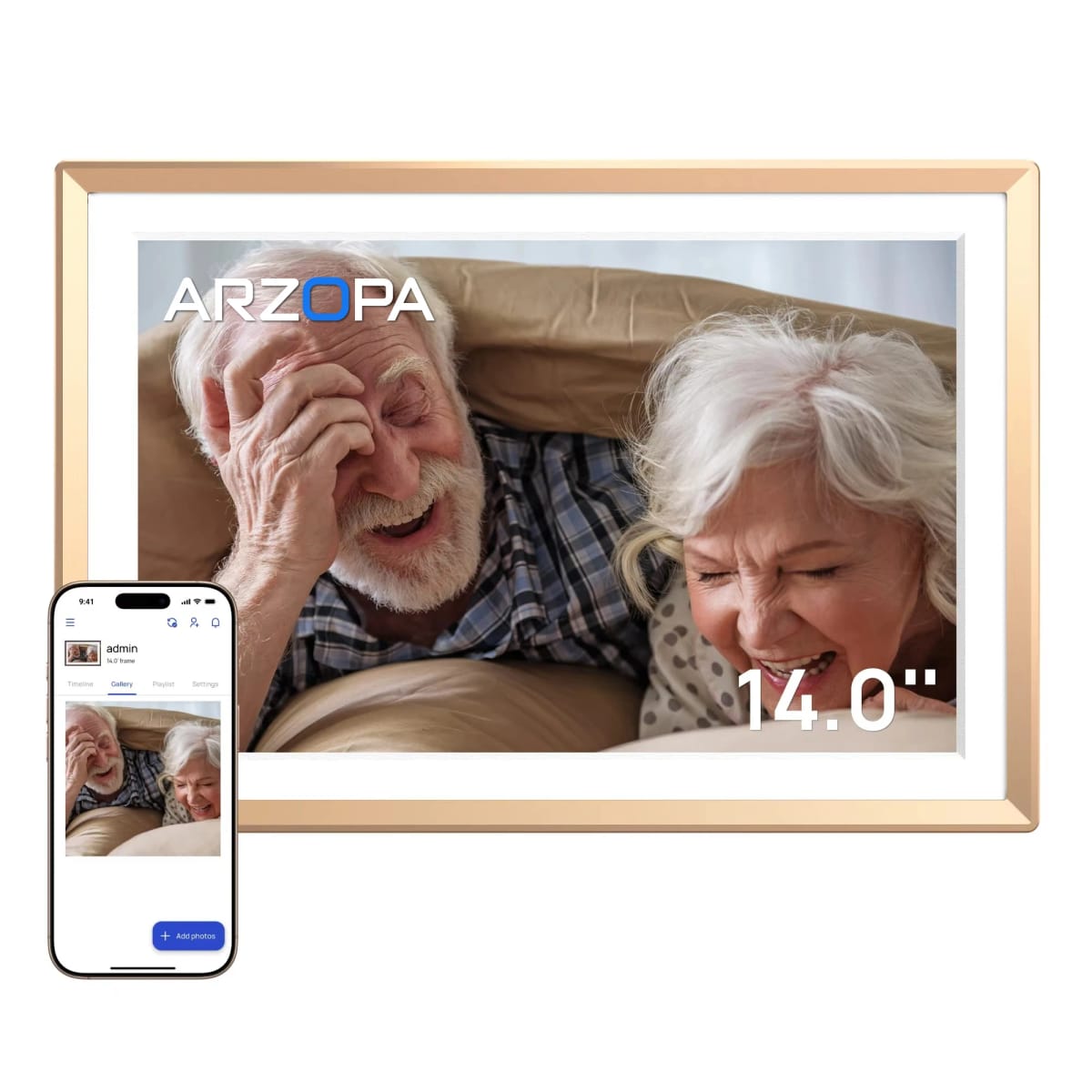 ARZOPA Porta-Retrato Digital WiFi de 14 polegadas - Tela Sensível ao Toque IPS HD, Armazenamento em Nuvem Gratuito Ilimitado, Compartilhamento Remoto de Fotos e Vídeos para Presente Familiar