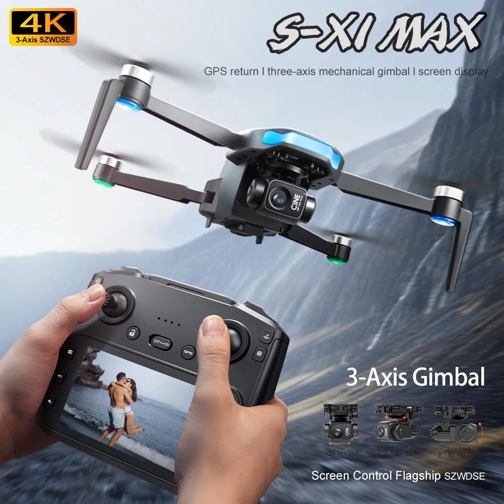 S-X1 MAX 4K Drone Profissional Com Câmera HD 3 Eixos Gimbal GPS Dron Brushless 5G WIFI Tela Controle Remoto RC Quadcopter Brinquedos