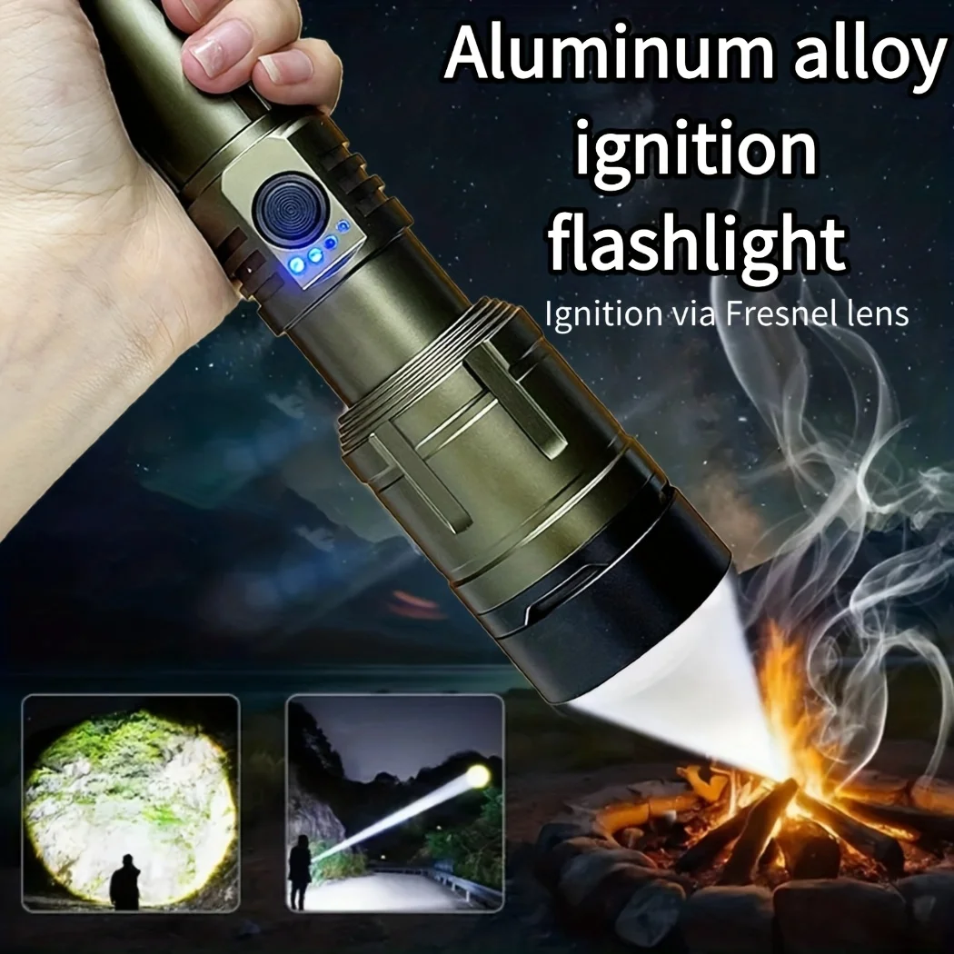 Lanterna combo de isqueiro e banco de potência, recarregável, feixe super brilhante com zoom, lanterna de 5 modos para acampamento ao ar livre, emergência