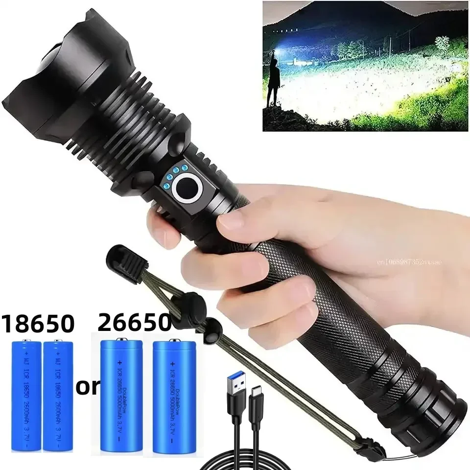 Lanterna LED super brilhante recarregável por USB XHP70.2, lâmpada tática com zoom e bateria 18650 ou 26650 para camping