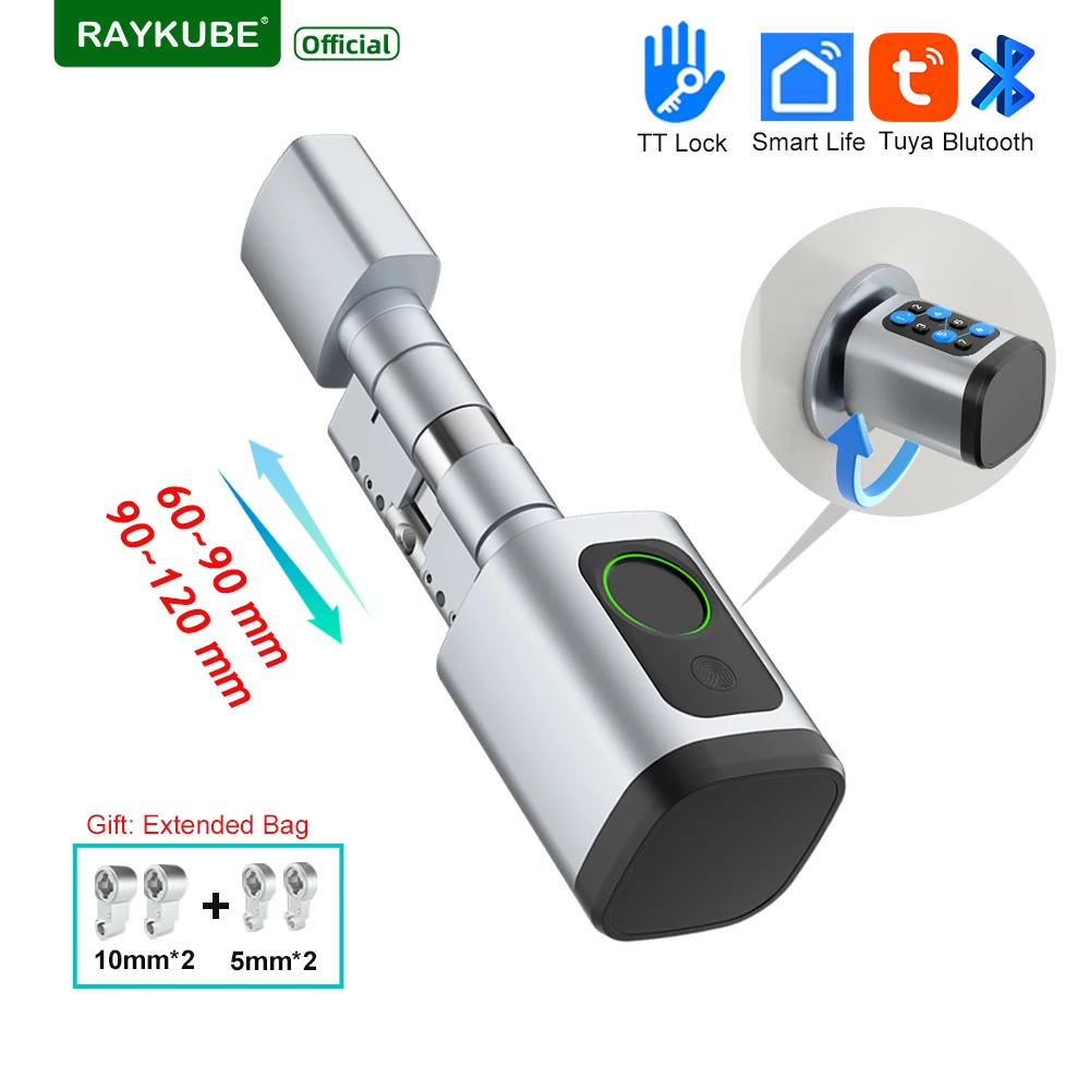 RAYKUBE V1 Fechadura TT Ajustável/Tuya Bluetooth Fechadura de Cilindro Digital Inteligente com Impressão Digital com APP/Senha/Cartão RFID/Desbloqueio de Chave